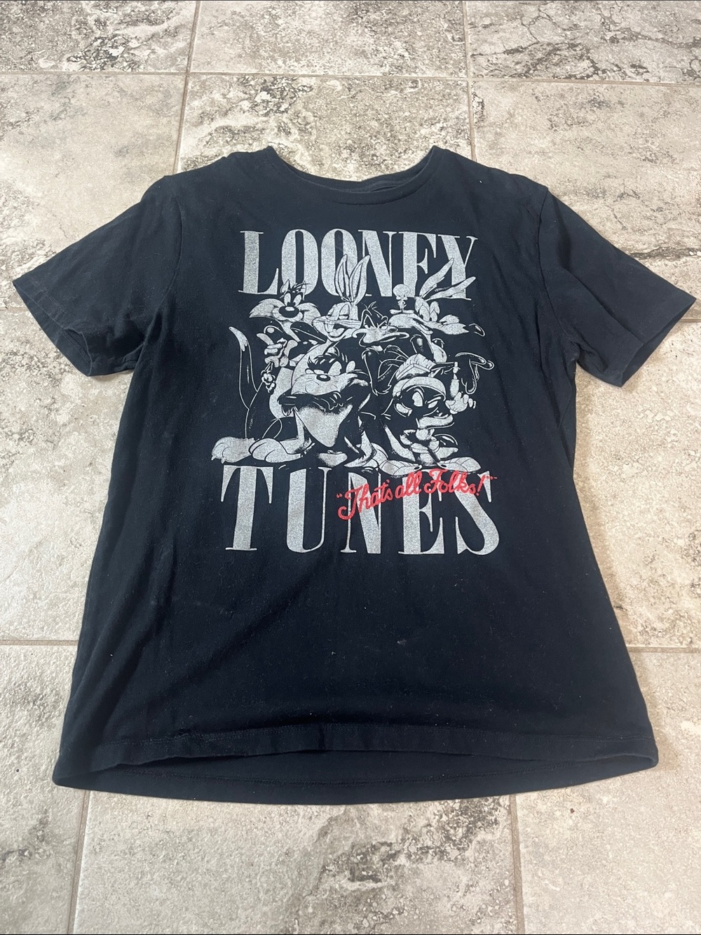 Warner Bros. Looney Tunes Black Graphic Tee with White and Red Print